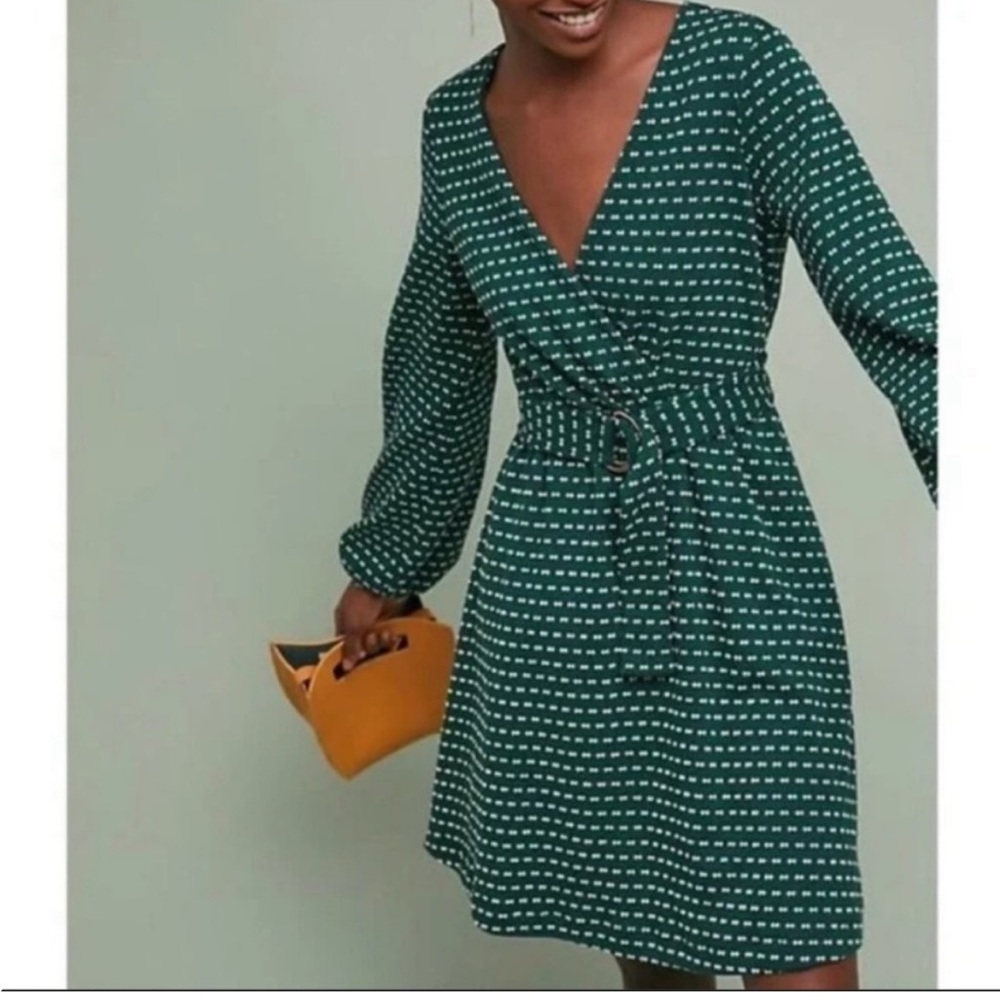 Anthropologie Maeve Malta Green and White Dots Faux Wrap Belted Dress Medium